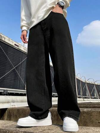 棉质直筒水洗斜口袋牛仔裤，个性百搭阔腿水洗牛仔裤，直筒宽松情侣装