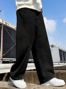 棉质直筒水洗斜口袋牛仔裤，个性百搭阔腿水洗牛仔裤，直筒宽松情侣装 - 黑色 - 查看 2