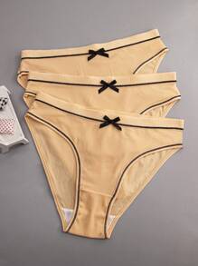 3pcs Women Nude Color Bow Cute Comfortable Sexy Sports Briefs