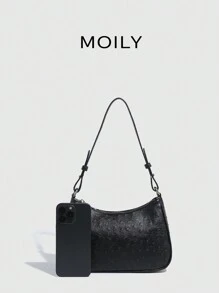 Bolso de mano con textura de avestruz, nuevo modelo de verano con bolso de hombro de calidad, bolso de sobaquera sencillo, bolso de media luna - Negro - Ver 5