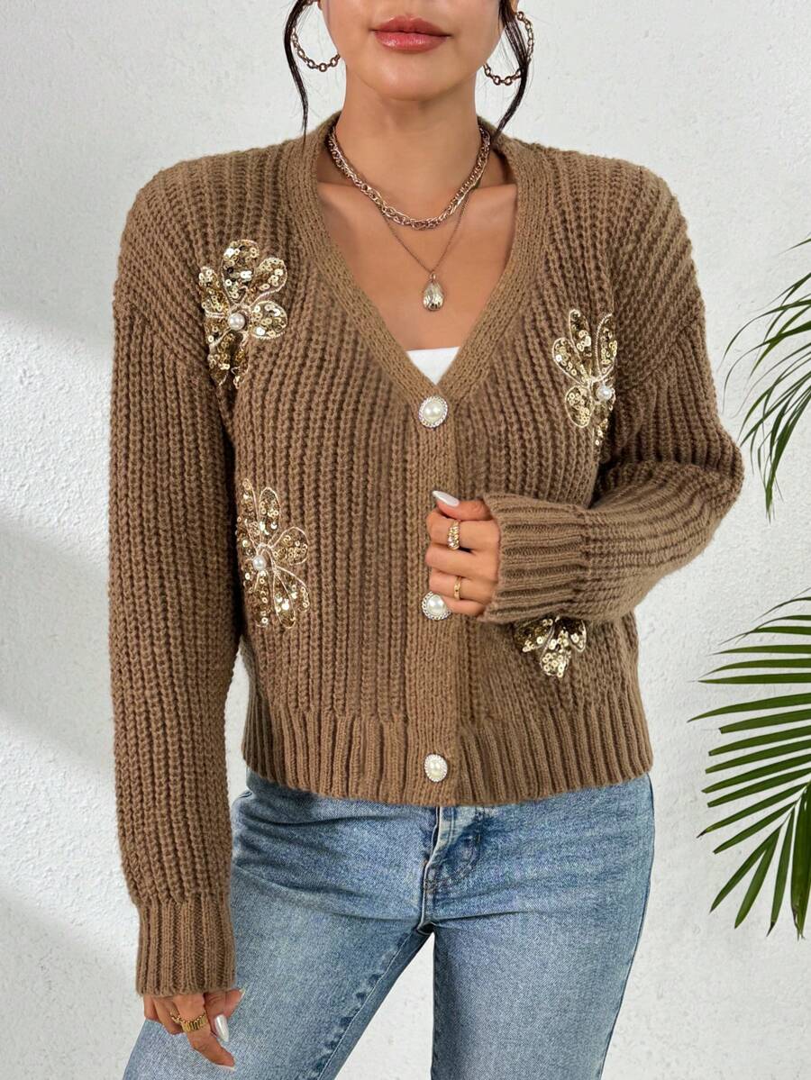 Suéter tejido básico para mujer abierto con flores de lentejuela color liso - Marrón - Ver 1