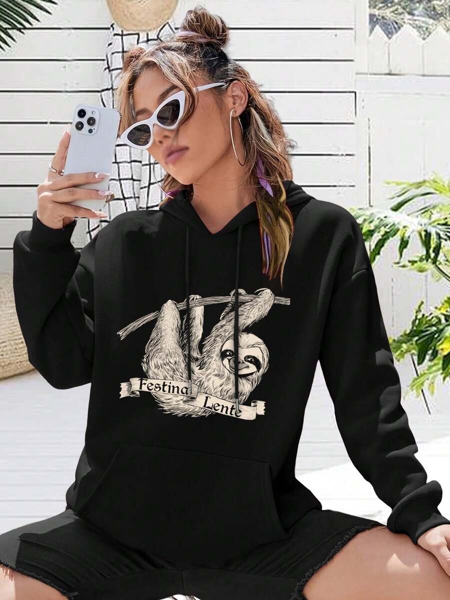 Three-Toed Sloth Cartoon Big Size Women Hoodie Hoodie Festina Lente (Silly Ribbon Drawing Humor For Women) - Negro - Ver 1