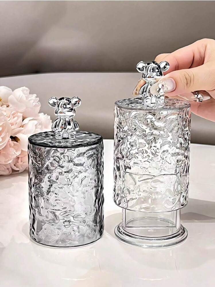 1 件带盖清洁棉签收纳盒、牙线和牙签架、个人护理和收纳整理器，适用于家庭/办公室/酒店，时尚简约设计，带有冰川图案和熊装饰 - 彩色 - 查看 5