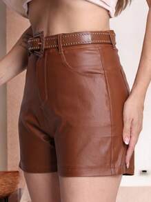 Leather Shorts With Pocket And Belt Attachment/LS267 - 棕色 - 查看 3