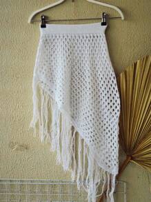Knitted Beach Cover-Up Skirt With Fringes - 白色 - 查看 1