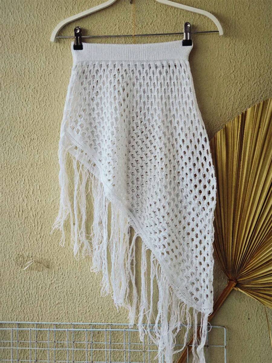 Knitted Beach Cover-Up Skirt With Fringes - 白色 - 查看 1