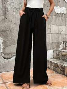 女士纯色高腰休闲阔腿裤，春夏