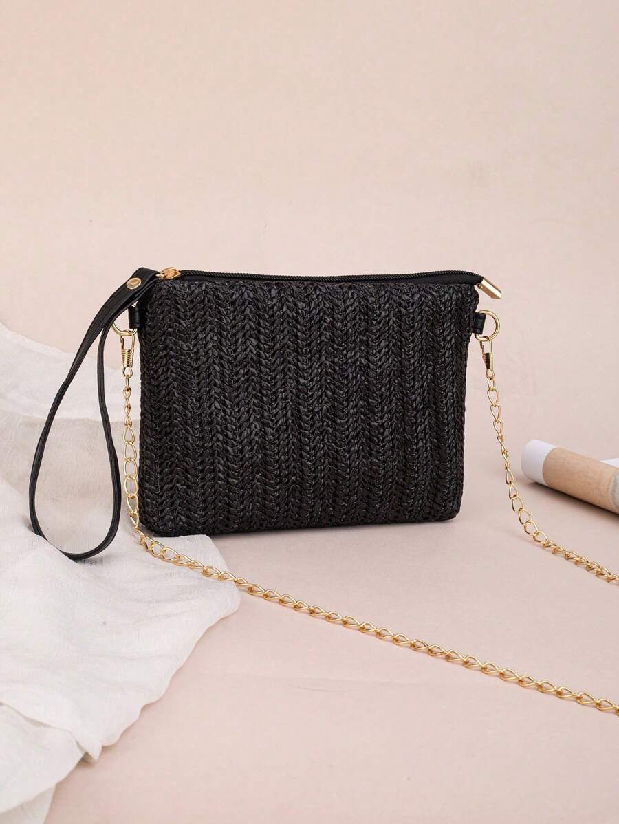 彩色编织手提包、时尚单肩链包、手拿包、百搭日常手提包 - 黑色 - 查看 1