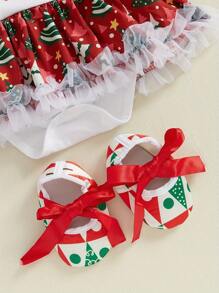 Baby Girls Rompers Dress Christmas Clothes Letter Christmas Tree Print Skirt Hem Bodysuits With Headband, Shoes, And Leg Warmers