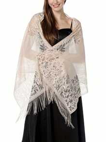 1 件女式花卉蕾丝边围巾披肩带流苏，柔软网状流苏披肩，适合婚纱、婚礼/派对晚礼服 - 純白色 - 查看 10
