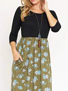 Boho Retro Multi Ditsy Floral Stripe Blue Charcoal Black Coral Short Sleeve Maxi Long Dress With Pocket | S-3X - 橄欖B - 查看 2