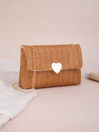 编织单肩包，女士时尚小方形链条包，彩色休闲沙滩包，宽敞适合春夏季