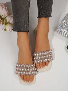 PEIYUMI 新款女士星星水钻凉鞋优雅拖鞋时尚烫花休闲沙滩透明 H 型拖鞋 - 米色 - 查看 4