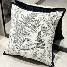 1 件雪尼尔拼布复古经典黑白树叶印花抱枕套 - 黑與白 - 查看 5