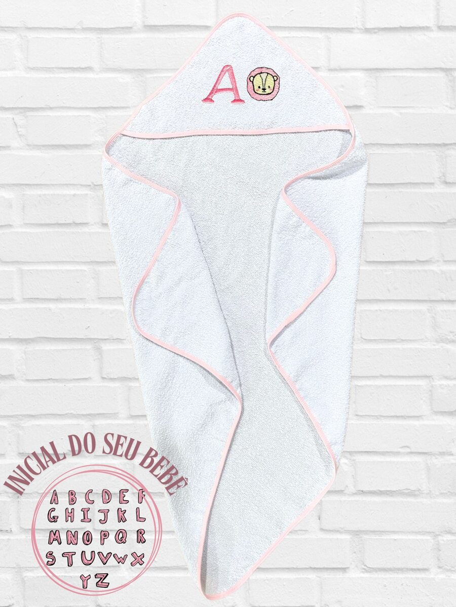 Kit 2 Personalized Bath Towel Initial Baby's Name With Hood Boy Girl Hypoallergenic Embroidery 100% Soft Cotton - 2pcs Lioness - View 1