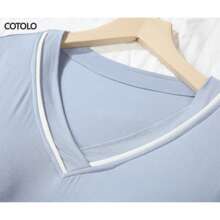 Solid V Neck Sleep Dress - Light Blue - View 4