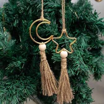 2pcs/Set Islamic Crescent Moon & Star Hanging Decor, Eid Mubarak & Ramadan Kareem Decoration For Home, Table, Tree, Ramadan Festival Crafts Accessories, No Power Required
