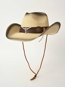 1 件女式仿皮牛头装饰渐变色西部牛仔帽，百搭时尚春夏季遮阳帽，户外防紫外线沙滩帽