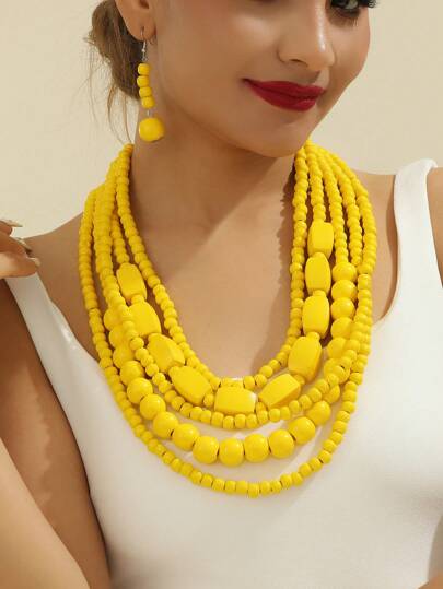 夸张多色手工串珠波西米亚时尚项链和耳环，复古风格适合晚会