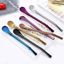 1 pajita y agitador de metal, cuchara infusora de té 2 en 1, pajita mezcladora con filtro de té de acero inoxidable, accesorio reutilizable para cocina y bar, café, té, bebidas y material escolar. - Multicolor - con lazo - Ver 12