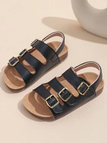 1 Paar schwarze Sandalen für Kleinkind/Babys in großer Größe, Komfortabler römischer Stil, PU-Riemen mit verstellbarem Metallschnallenverschluss, runde Zehenkappe, rutschfeste Gummisohle, modisch niedliche flache Sandalen für Jungen und Mädchen von 3-12 Jahren, für Alltag, Outdoor, Urlaub, Frühling/Sommer