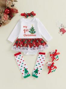 Baby Girls Rompers Dress Christmas Clothes Letter Christmas Tree Print Skirt Hem Bodysuits With Headband, Shoes, And Leg Warmers
