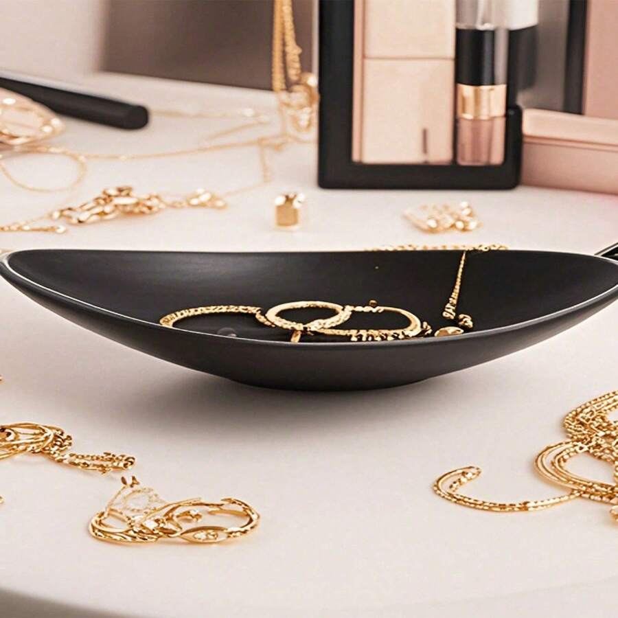 1件装优雅椭圆形黑色首饰钥匙托盘 - 多功能小收纳碟 - 烛台装饰 - 浪漫烛光晚餐道具 - 适用于放置戒指、钥匙和饰品,是节日送给女性和女孩的理想礼物 - 彩色 - 查看 1