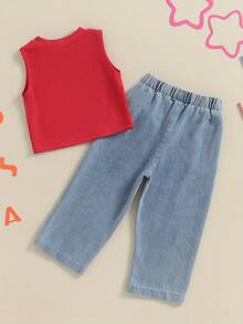 Toddler Girls 4th Of July Outfits Ribbed Sleeveless Tank Tops And Heart Print Elastic Jeans Set Baby Summer Clothes - Red - View 6