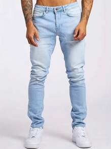 Męskie jeansy Slim Fit Straight Leg Washed, uniwersalne spodnie jeansowe z kieszeniami ukośnymi dla par