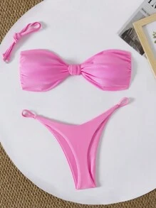 女士夏季时尚性感抹胸比基尼泳装套装，度假沙滩粉色 - 粉色 - 查看 2