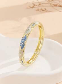 1pc Fashion Gold Plated Hollwo Out Retro Pattern Rhinestone Charms Enamel Cloisonne Bracelet Bangle Jewelry For Women Girls - Hollow Out - View 15