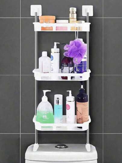 Estante sobre el tanque del inodoro, estante de almacenamiento multifuncional sin perforaciones con pies de soporte, organizador de estante de baño, 3 niveles