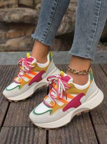 1 Par de Tênis Esportivos Femininos de Sola Grossa para Outono/Inverno, Novos Tênis Casuais Chunky Colorblock, Tamanho Pequeno em 1 Número