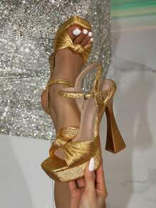 女士高跟厚底粗跟时尚方头金色装饰透明魅力派对细高跟凉鞋，适合户外穿着