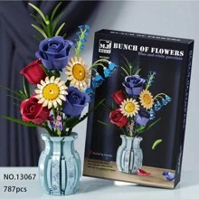 500+Pcs/Box Assorted Wooden Blossom Bouquet Including Rose, Magnolia & Other Flowers, Precise Flower Brick Arrangement, Everlasting Decoration For Home & Office, Romantic Gift - Three-color Building Block Vase - View 14