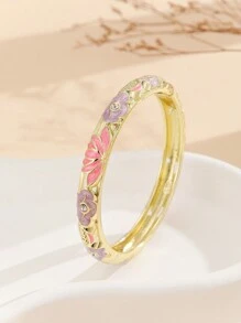 1pc Fashion Gold Plated Hollwo Out Retro Pattern Rhinestone Charms Enamel Cloisonne Bracelet Bangle Jewelry For Women Girls - Hollow Out - View 12