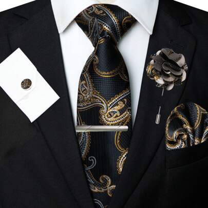 1pc/2pcs/3pcs/4pcs/5pcs Men Paisley Pattern Necktie, Silk Satin Tie, Silver Tie Clip, Pocket Square, Cufflinks And Lapel Pin Combination Set, Suitable As Men Gift For Father Day, Anniversary, Birthday, Classic Paisley Pattern Perfectly Matching Tuxedo, Making You Stand Out In Any Occasion Such As Ball, Wedding, Formal Party, Ceremony, Important Event, Casual Party Men Necktie