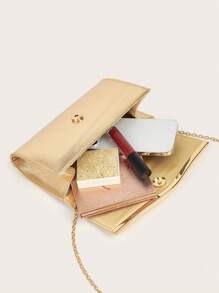 闪亮奢华闪亮信封手拿包，配有薄十字纹理金色五金配件，适合女士，配有金属链，适合婚礼、派对、舞会、生日礼物，大容量，可放置手机、化妆品 - 金色 - 查看 7