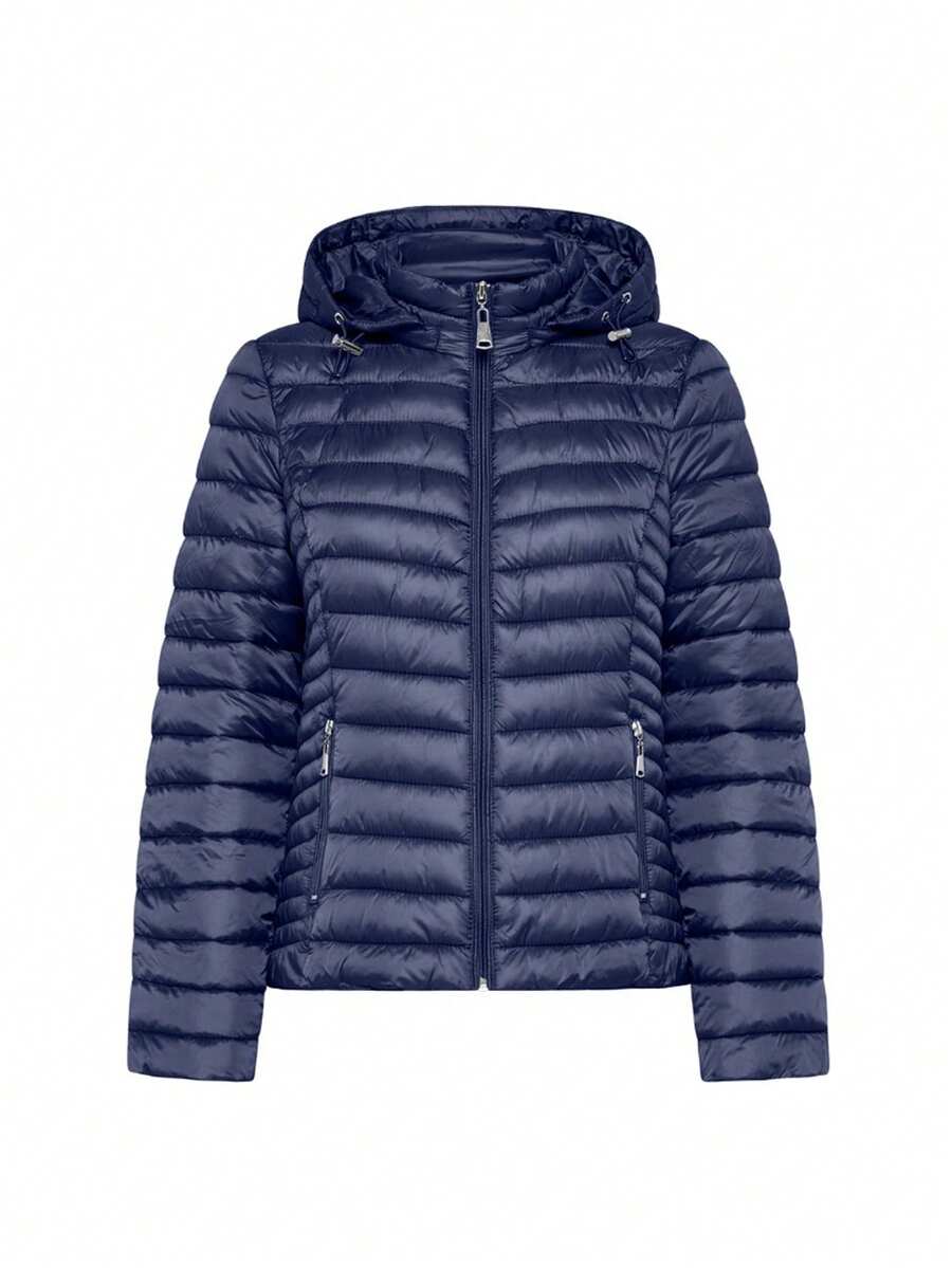 Woven Fabric Women's Winter Quilted Jacket With Drawstring Hood And Zipper Pockets Casual Style - Navy Blue - View 1