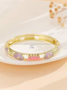 1pc Fashion Gold Plated Hollwo Out Retro Pattern Rhinestone Charms Enamel Cloisonne Bracelet Bangle Jewelry For Women Girls - Hollow Out - View 4