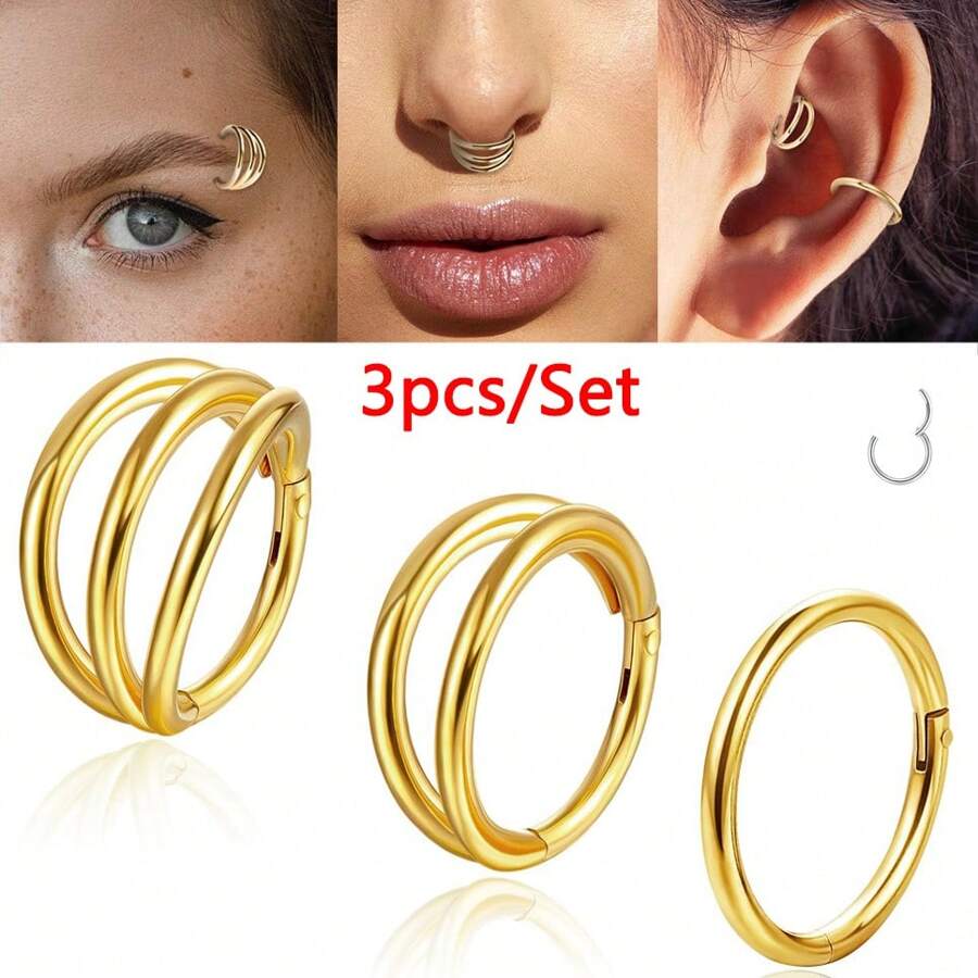 ADYJELY 3pcs Set Nose Rings & Lip Hoops, 16G Hypoallergenic Stainless Steel Fashionable Multi-Circle Ear Piercing Jewelry, Sexy Style For Nostril And Ear Cartilage Earlobe Earring ,Belly Ring Nipple Ring Black 8mm 10mm Women And Men Body Pierecing Jewelry - N053 - View 1