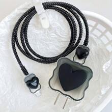 5pcs Black Heart-Shaped Charger Cover, Data Cable Protector, Winding Cord Organizer Compatible With IPhone 14 Pro Max/13/12/11, 18/20W Fast Charger Adapter, Boyfriend/Girlfriend Gift
