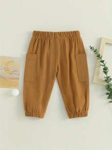 Pantalones deportivos casuales para bebés varones de 6 meses a 4 años, pantalones cargo con botones y cordón de color sólido con bolsillos, ropa para niños pequeños - Marrón oscuro - Ver 2