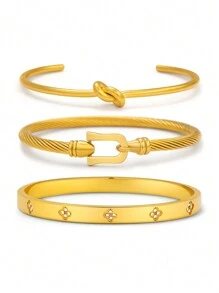 精致的幸运四叶花方晶锆石镶嵌手链，时尚女士珠宝配饰，适合优雅的日常佩戴和派对饰品，是情人节、妈妈、母亲、母亲节、礼物的理想之选 - 金色 - 查看 7