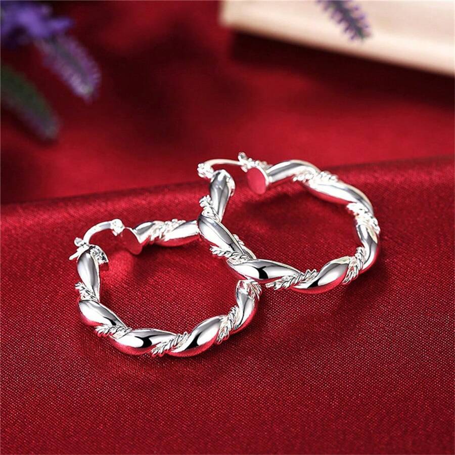 Elegant 1pc 925 Silver Plated Luxury Round Twist Hoop Earrings Women Fashion Charm Gift Party Girl Birthday Wedding Jewelry - Silver - View 1