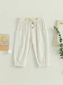 Pantalones deportivos casuales para bebés varones de 6 meses a 4 años, pantalones cargo con botones y cordón de color sólido con bolsillos, ropa para niños pequeños - Beis - Ver 2