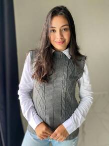 Women's Knitted Vest Braid Max Vest Overlay Knit Fashion Blogger - Gris Oscuro - Ver 2
