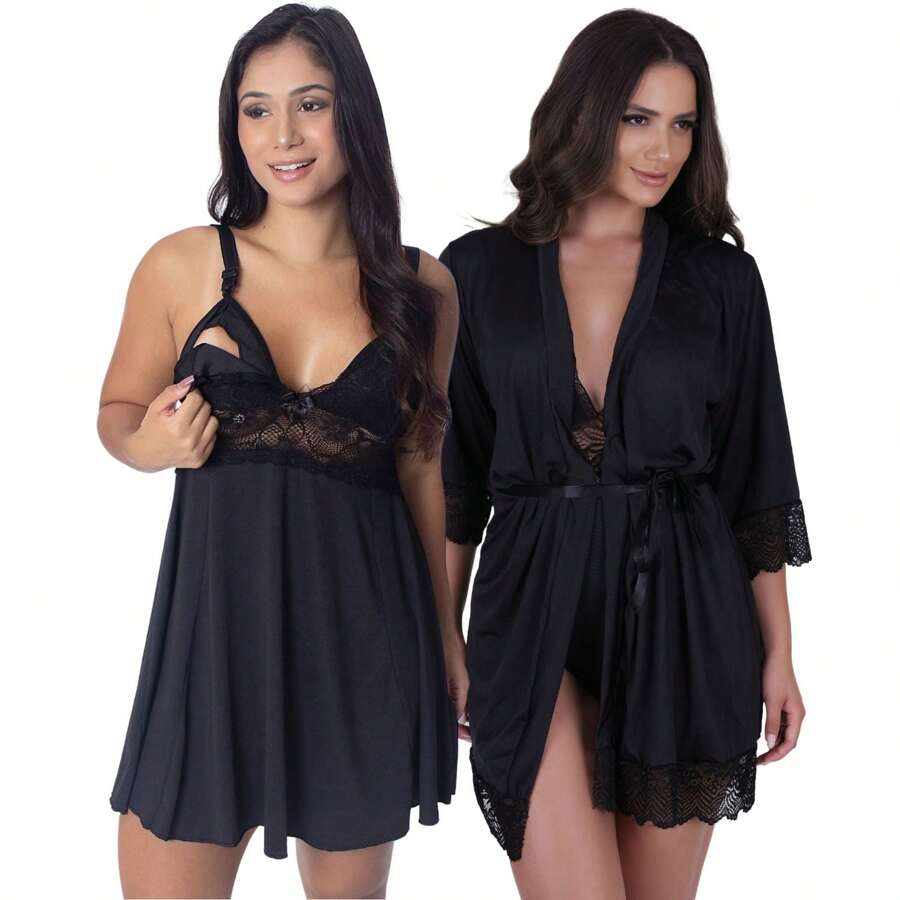 Fernanda Nursing Nightgown With Romantic Robe And Lace - màu đen - Xem 1