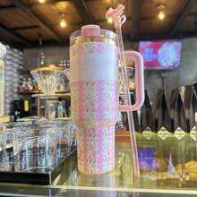 Beautiful Cup--40-Ounce Stainless Steel Strap Straw And Handle Vacuum Cup Gift Set, Suitable For Travel Vacuum Cup As A Gift,Official Logistics Supported - 繁花粉色 - 查看 3