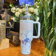 Beautiful Cup--40-Ounce Stainless Steel Strap Straw And Handle Vacuum Cup Gift Set, Suitable For Travel Vacuum Cup As A Gift,Official Logistics Supported - Hoa màu xanh - Xem 5